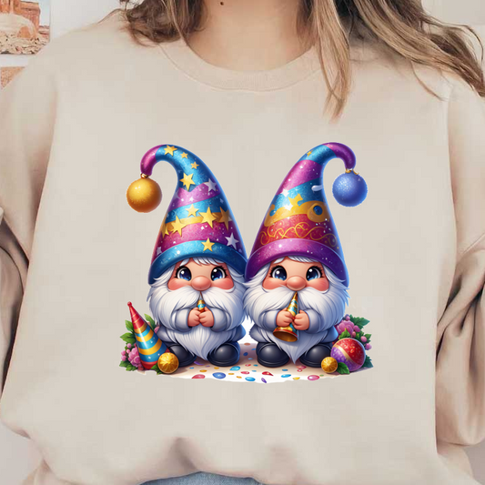 Adorable festive gnomes with colorful pointed hats, holding party blowers, surrounded by vibrant decorations and playful ornaments. heat press transfers