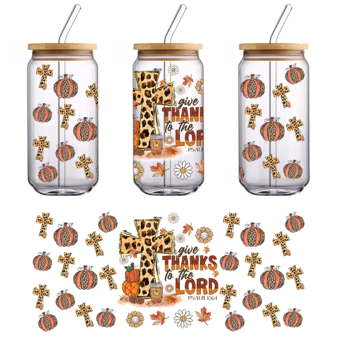 A festive design featuring a leopard-print cross, autumn leaves, pumpkins, and the phrase "Give Thanks to the Lord."UV Transfers dtf prints