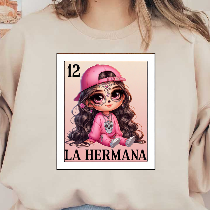 Una linda y estilizada ilustración de una niña con un traje rosa con un diseño de calavera, una gorra y decoraciones faciales intrincadas.