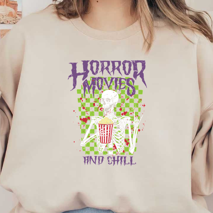 A quirky graphic featuring a skeleton holding popcorn, surrounded by a vibrant green and checkered background, perfect for horror movie lovers.dtf regular iron