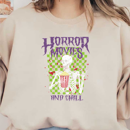 A quirky graphic featuring a skeleton holding popcorn, surrounded by a vibrant green and checkered background, perfect for horror movie lovers.dtf regular iron