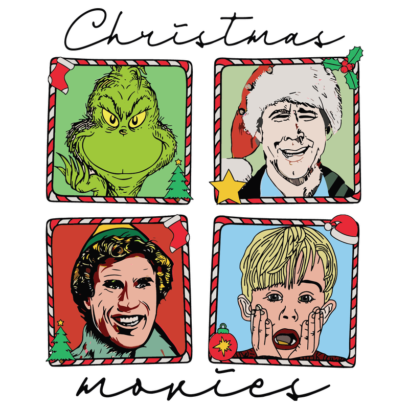 A festive illustration featuring iconic characters from Christmas movies, framed with candy cane borders and holiday decorations.DTF Transfers dtf prints