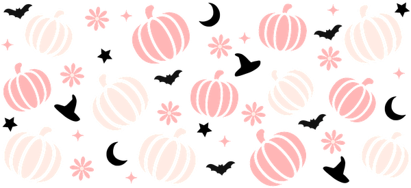 A charming pattern of pink and white pumpkins adorned with whimsical flowers and stars, perfect for fall-themed decor.UV Transfers heat press transfers