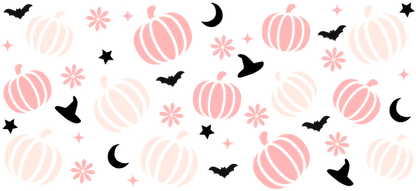 A charming pattern of pink and white pumpkins adorned with whimsical flowers and stars, perfect for fall-themed decor.UV Transfers heat press transfers