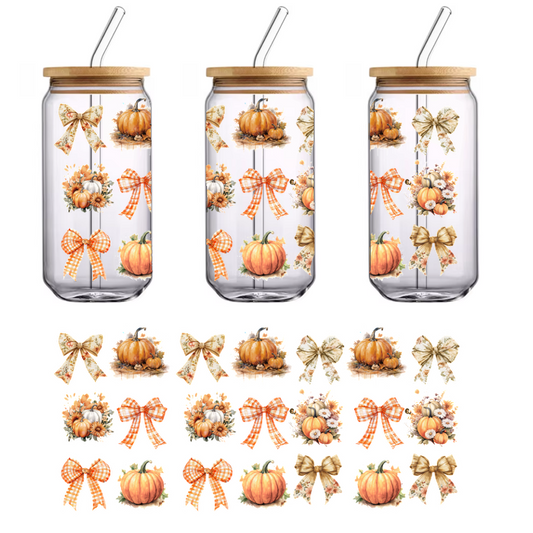 A delightful collection of autumn-themed illustrations featuring pumpkins and elegant bows in warm colors, perfect for seasonal decor.UV Transfersdtf regular iron