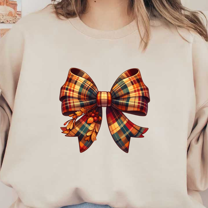 A festive, plaid bow adorned with autumn leaves and berries, perfect for seasonal decorations or gift wrapping. dtf prints