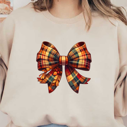 A festive, plaid bow adorned with autumn leaves and berries, perfect for seasonal decorations or gift wrapping. dtf prints