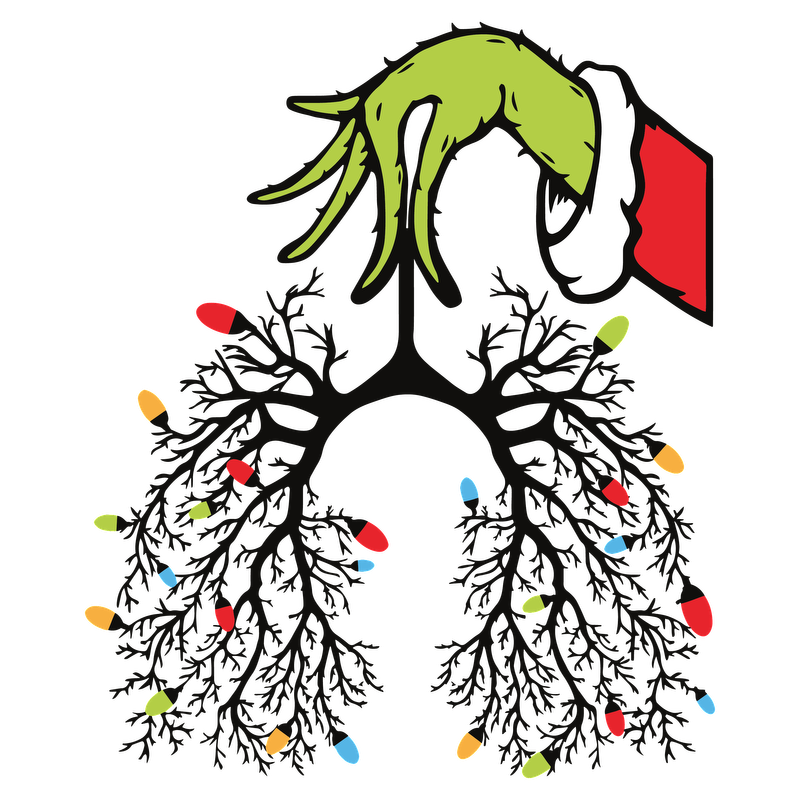 A whimsical illustration featuring the Grinch's hand adorned with a Santa hat, playfully hanging Christmas lights from tree-like branches.DTF Transfers dtf prints