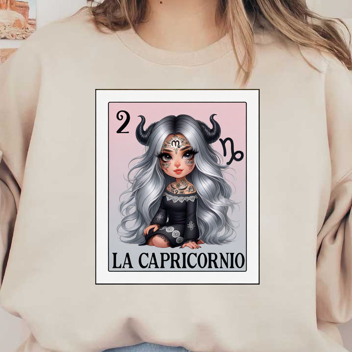 Una ilustración caprichosa de un personaje con cabello plateado y cuernos, adornado con tatuajes, que encarna el signo zodiacal de Capricornio.