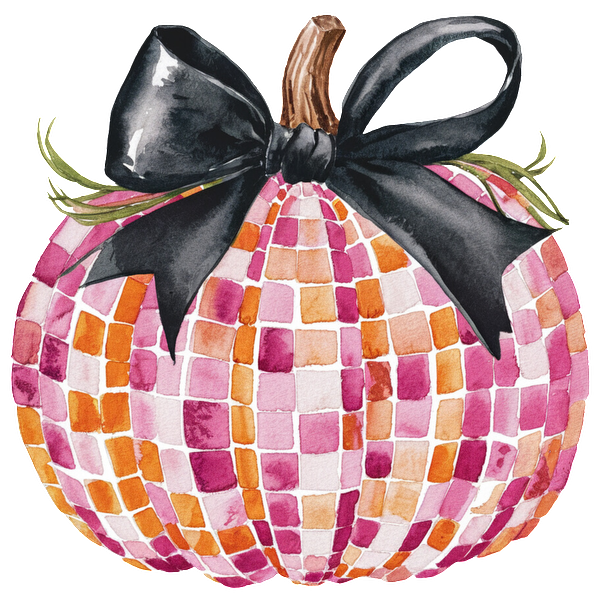 Esta calabaza vibrante presenta un patrón de mosaico en tonos rosa y naranja, rematado con un elegante lazo negro para darle un toque elegante.