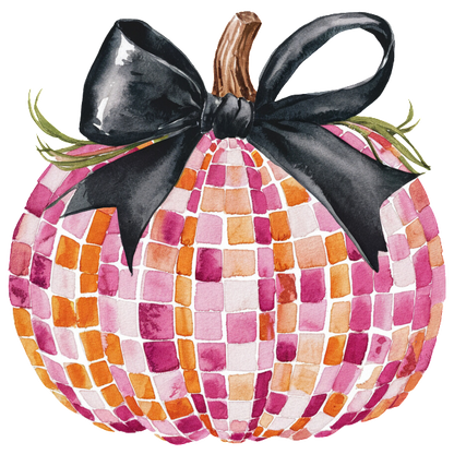 Esta calabaza vibrante presenta un patrón de mosaico en tonos rosa y naranja, rematado con un elegante lazo negro para darle un toque elegante.