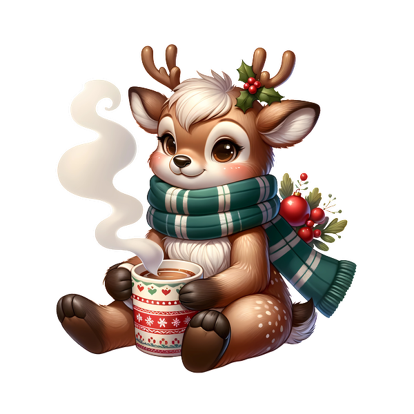 A cute cartoon deer wearing a festive green scarf, holding a decorated mug of steaming hot cocoa, adorned with holiday details. dtf transfers