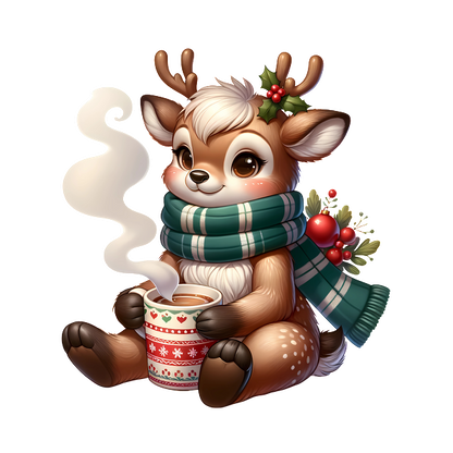 A cute cartoon deer wearing a festive green scarf, holding a decorated mug of steaming hot cocoa, adorned with holiday details. dtf transfers