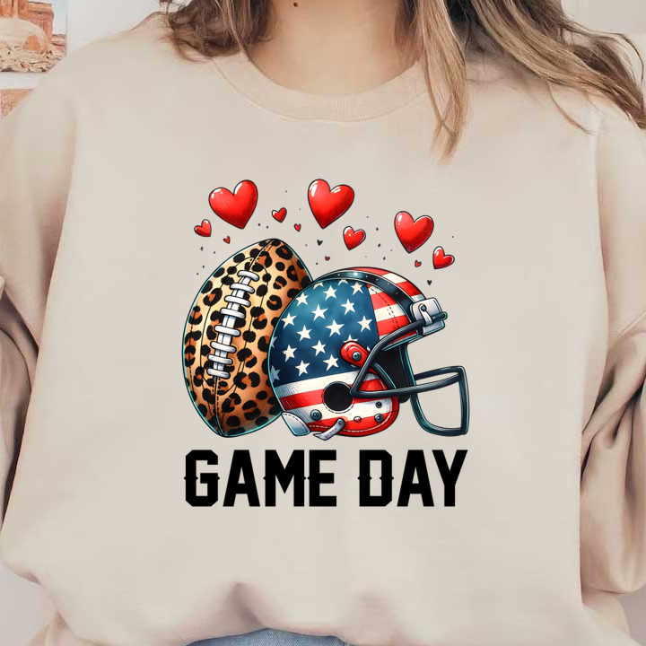 Una divertida ilustración que presenta un balón de fútbol con estampado de leopardo y un casco de fútbol americano patriótico, rodeados de corazones de colores.