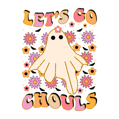 Celebrate Halloween with this playful design featuring a cute ghost surrounded by colorful stars and flowers that says, "Let's Go Chouls!" dtf prints