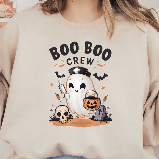 A playful ghost in a nurse's hat, holding a pumpkin bucket and a syringe, surrounded by Halloween-themed decorations. dtf prints