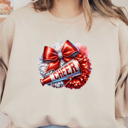 A vibrant cheerleading graphic featuring a megaphone, red and silver ribbons, and playful pom-poms, exuding a festive spirit.DTF Transfers dtf prints