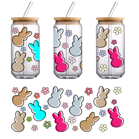 A colorful array of playful bunny silhouettes surrounded by vibrant flowers, creating a cheerful and festive springtime scene.UV Transfers dtf prints