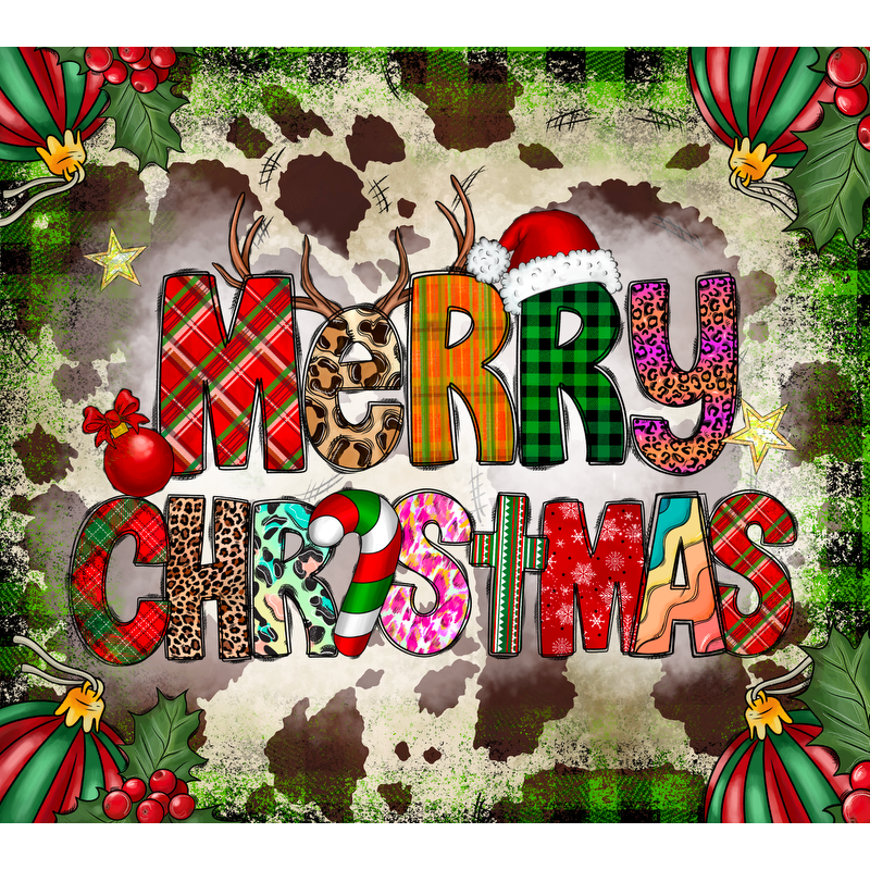 A vibrant and festive "Merry Christmas" design featuring playful lettering in various patterns, adorned with holly and ornaments.DTF Transfers heat press transfers dtf transfers