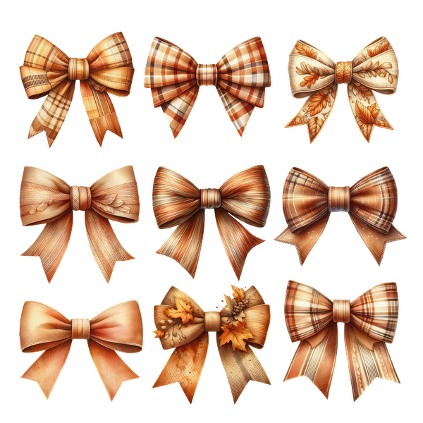 A collection of ten beautifully crafted decorative bows in warm autumn colors, featuring various patterns and textures.dtf regular iron