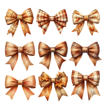 A collection of ten beautifully crafted decorative bows in warm autumn colors, featuring various patterns and textures.dtf regular iron