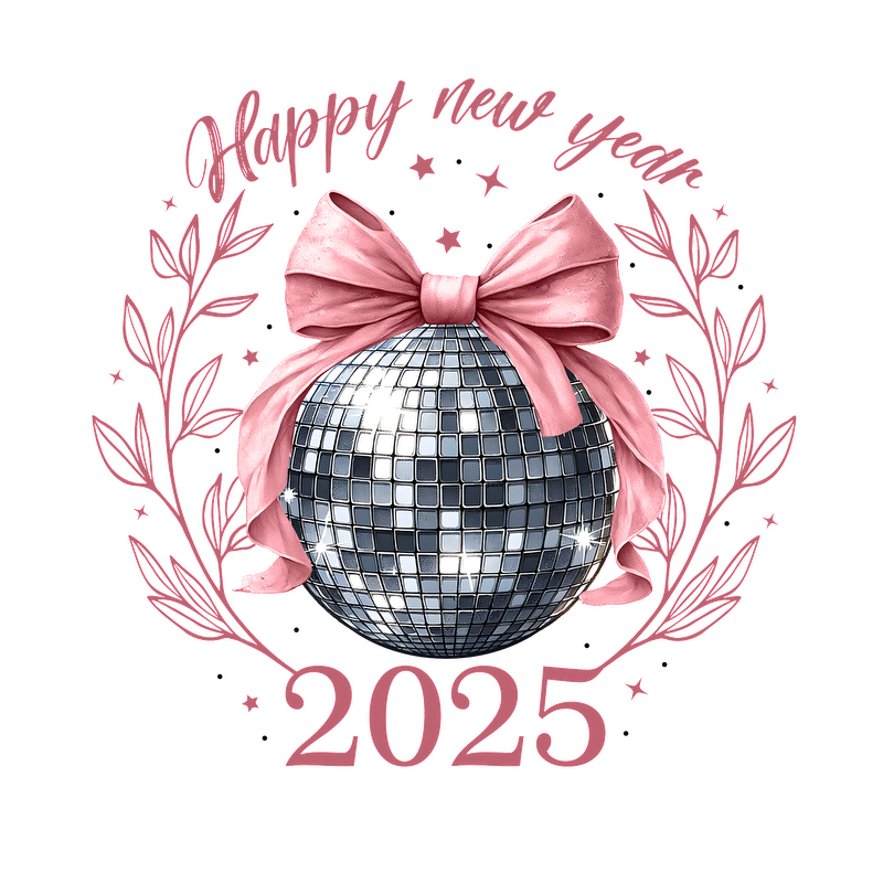 Celebrate the New Year 2025 with this vibrant illustration featuring a sparkling disco ball adorned with a pink bow!DTF Transfers dtf transfers