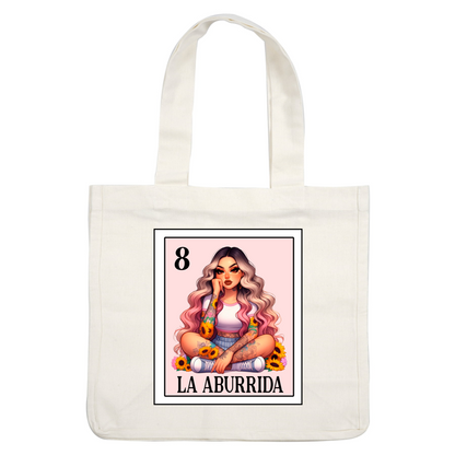 A colorful card featuring a stylized girl with long wavy hair, tattoos, and sunflowers, labeled “La Aburrida” and number 8. heat press transfers