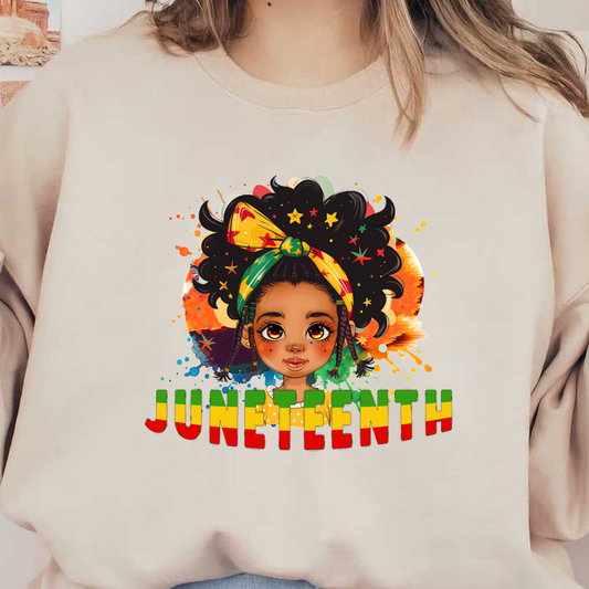 A colorful illustration celebrating Juneteenth, featuring a young girl with natural hair and a vibrant headband against a festive backdrop. dtf prints