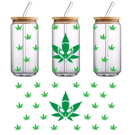 A vibrant pattern featuring various green cannabis leaves with a central alien design, perfect for a playful or psychedelic theme.UV Transfers dtf transfers