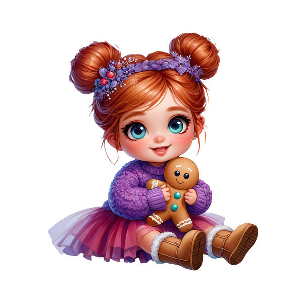 A cheerful little girl in a cozy purple sweater and pink skirt, cuddling a gingerbread cookie toy.DTF Transfers heat press transfers