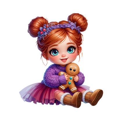 A cheerful little girl in a cozy purple sweater and pink skirt, cuddling a gingerbread cookie toy.DTF Transfers heat press transfers