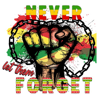 A powerful graphic featuring a raised fist with a chain, colored in vibrant hues, emphasizing the message "Never let them forget." dtf transfers