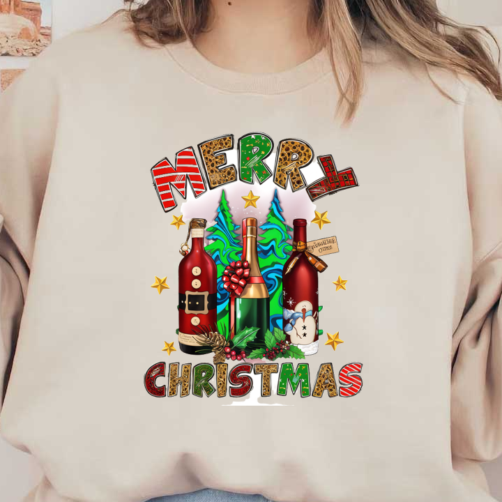 Festive illustration featuring three creatively decorated bottles with a "Merry Christmas" message and holiday-themed elements. dtf prints