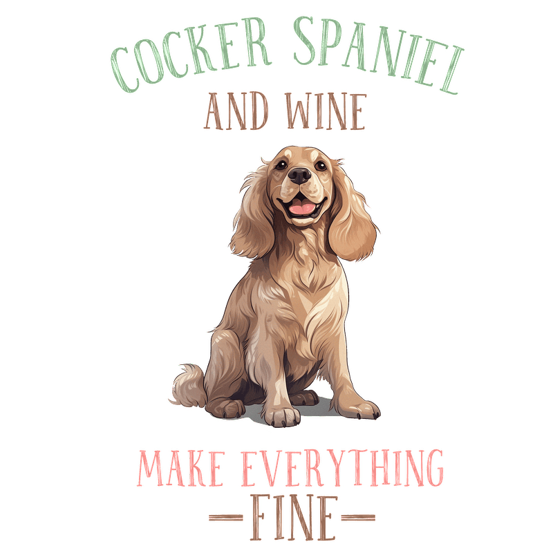 A cheerful Cocker Spaniel illustration accompanied by the playful phrase "Cocker Spaniel and wine make everything fine."DTF Transfers