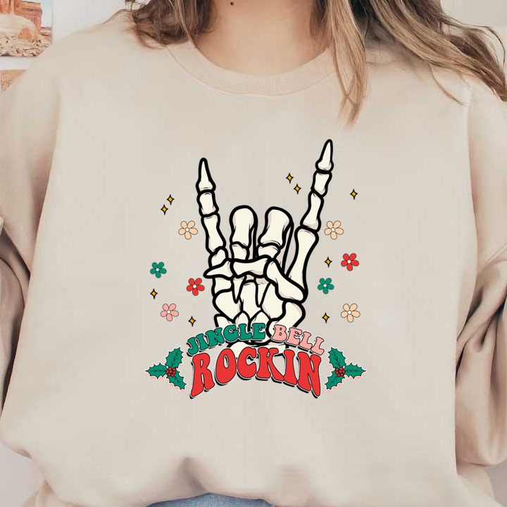 Un gráfico festivo que presenta una mano esquelética haciendo un gesto de roca, adornado con adornos navideños y el texto "Jingle Bell Rockin".