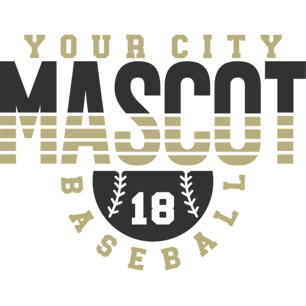 A stylish baseball-themed graphic featuring "YOUR CITY MASCOT" and "BASEBALL 18" with a baseball design.DTF Transfersdtf regular iron