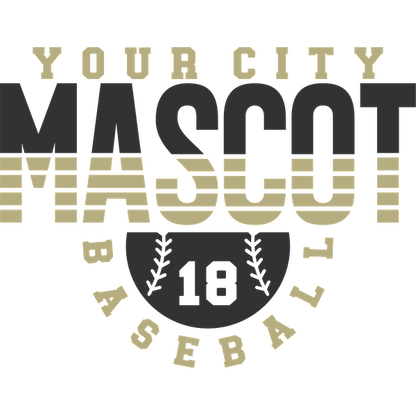 A stylish baseball-themed graphic featuring "YOUR CITY MASCOT" and "BASEBALL 18" with a baseball design.DTF Transfersdtf regular iron