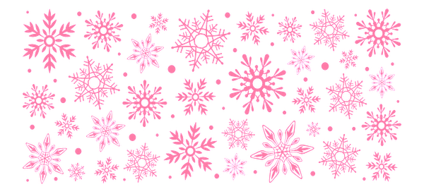 A whimsical pattern of vibrant pink snowflakes in various intricate designs, perfect for festive decorations or winter-themed projects.UV Transfers heat press transfers