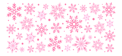 A whimsical pattern of vibrant pink snowflakes in various intricate designs, perfect for festive decorations or winter-themed projects.UV Transfers heat press transfers