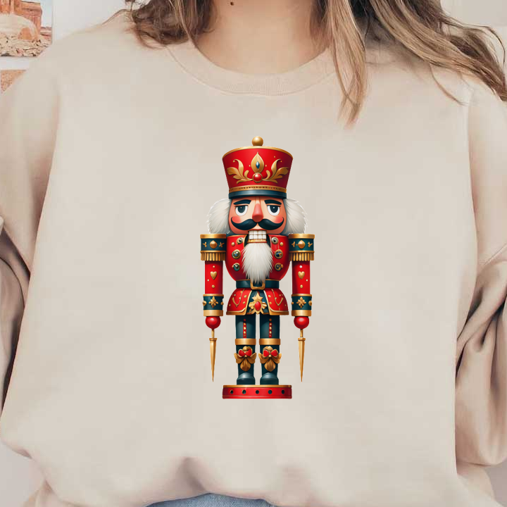 This colorful nutcracker features a striking red and gold uniform, complete with a bushy white beard and traditional spear.