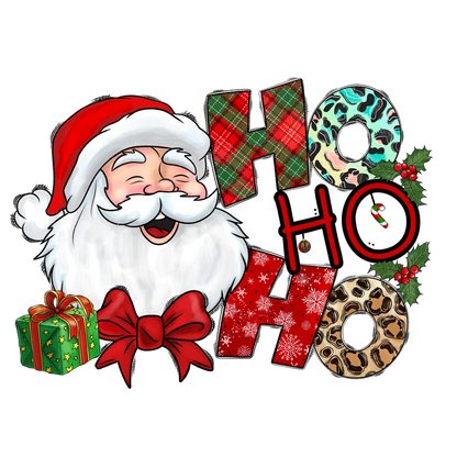 A festive design featuring Santa, bold "HO HO HO" letters in various patterns, and colorful holiday gifts adorned with bows.DTF Transfersdtf regular iron