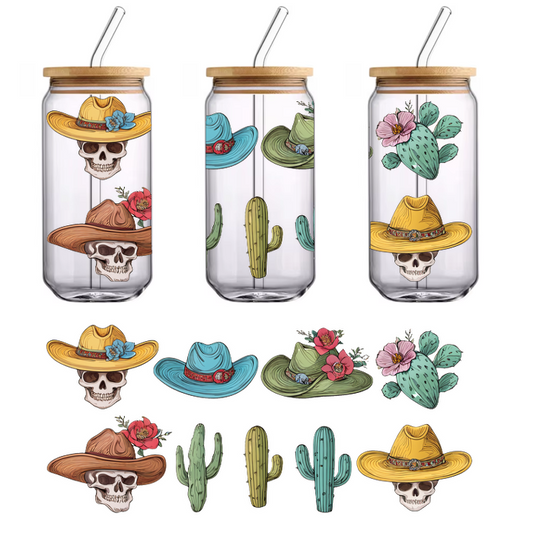 A vibrant collection of illustrated sombreros, cacti, and decorated skulls, capturing a lively, festive Mexican tradition.UV Transfers dtf prints