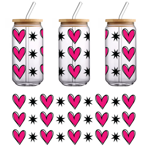 A playful pattern featuring vibrant pink hearts and black stars, perfect for adding a fun touch to any design.UV Transfers dtf prints