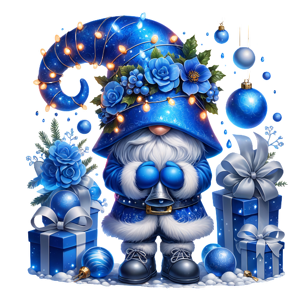 A whimsical blue gnome adorned with flowers and lights stands among beautifully wrapped presents and colorful ornaments, exuding festive cheer.DTF Transfers dtf transfers