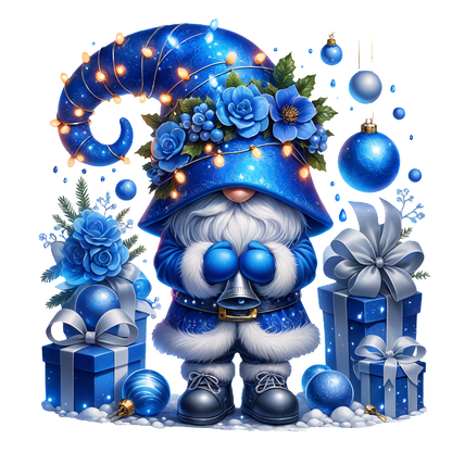 A whimsical blue gnome adorned with flowers and lights stands among beautifully wrapped presents and colorful ornaments, exuding festive cheer.DTF Transfers dtf transfers