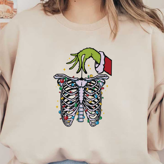 A whimsical illustration featuring a skeletal ribcage adorned with colorful Christmas lights, topped by a green hand in festive attire.DTF Transfersdtf regular iron heat press transfers