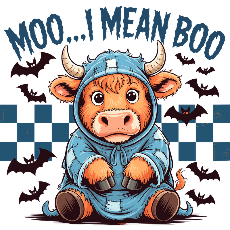 A cute cow in a blue hoodie playfully says "Moo... I mean Boo!"DTF Transfers