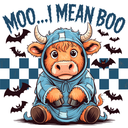 A cute cow in a blue hoodie playfully says "Moo... I mean Boo!"DTF Transfers