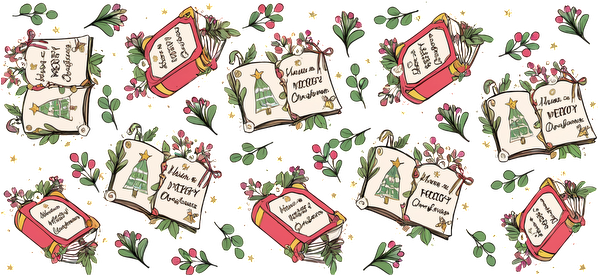 A whimsical pattern of illustrated books with holiday messages, featuring Christmas trees and floral accents, perfect for festive decor.UV Transfersdtf regular iron