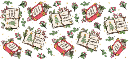 A whimsical pattern of illustrated books with holiday messages, featuring Christmas trees and floral accents, perfect for festive decor.UV Transfersdtf regular iron